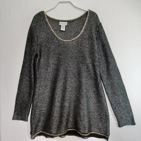 Soft Surroundings Sweater Black Metallic Gold Tone Chain Chiffon Hem Womens Med - Picture 2 of 9
